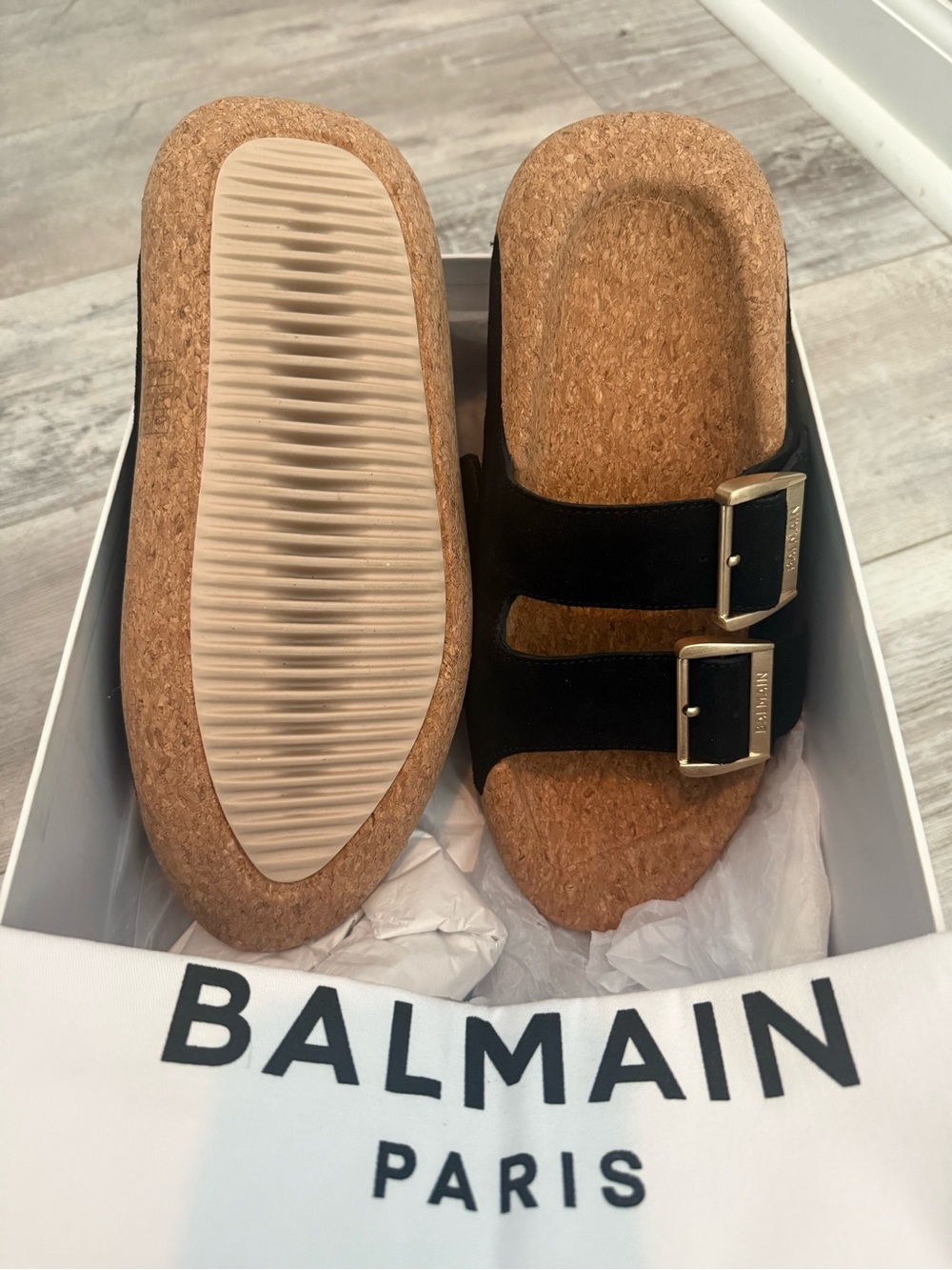 Balmain Black Suede Double-Buckle Cork Slides w/Gold Buckles Size 36 Brand New!!